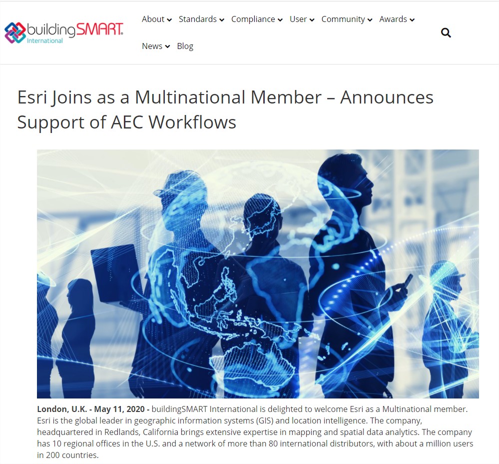 Esri Joins as a Multinational Member – Announces Support of AEC Workflows - buildingSMART International - Google Chrome